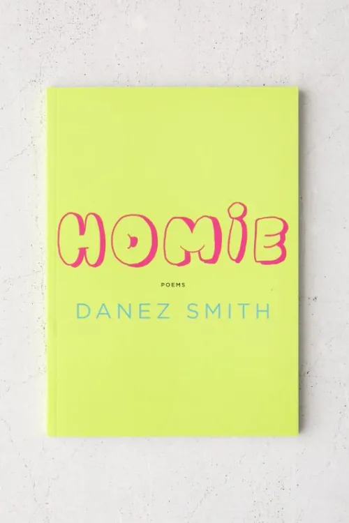 On a neon yellow background the title Homie is written in pink bubble script